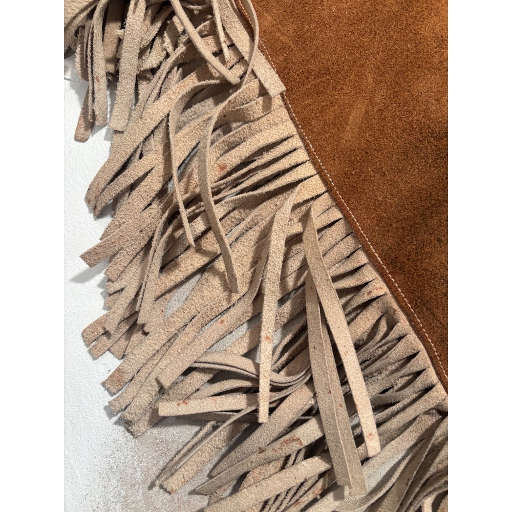 Vintage Suede Leather Fringe Poncho Cape Mexico Floral Cutout Brown Boho M L - Picture 5 of 8